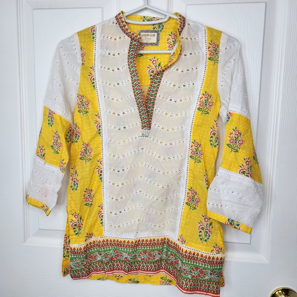 Leisure Club Prints Yellow Floral White Eyelet Tunic Dress Size 6-7